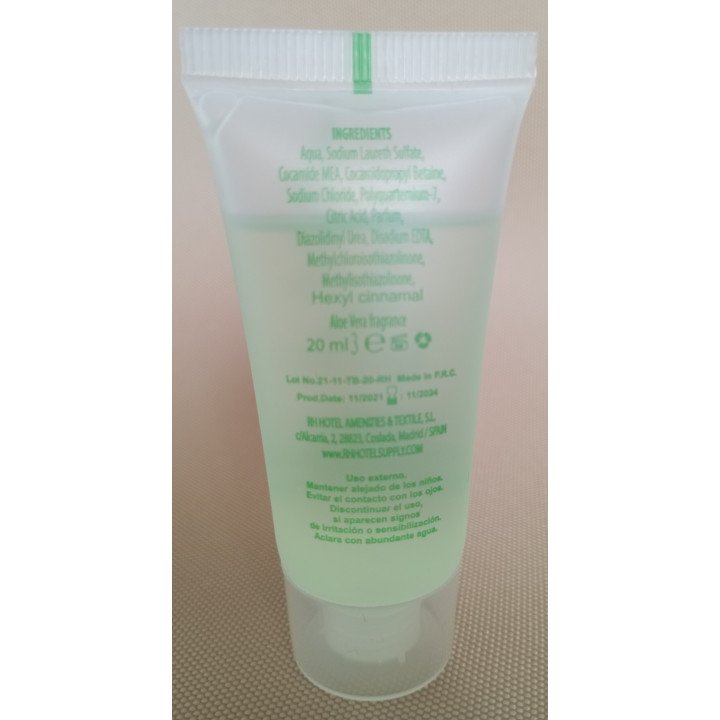 Shampoo profumato all'aloe vera in tubetto da 20 ml per bagni di hotel