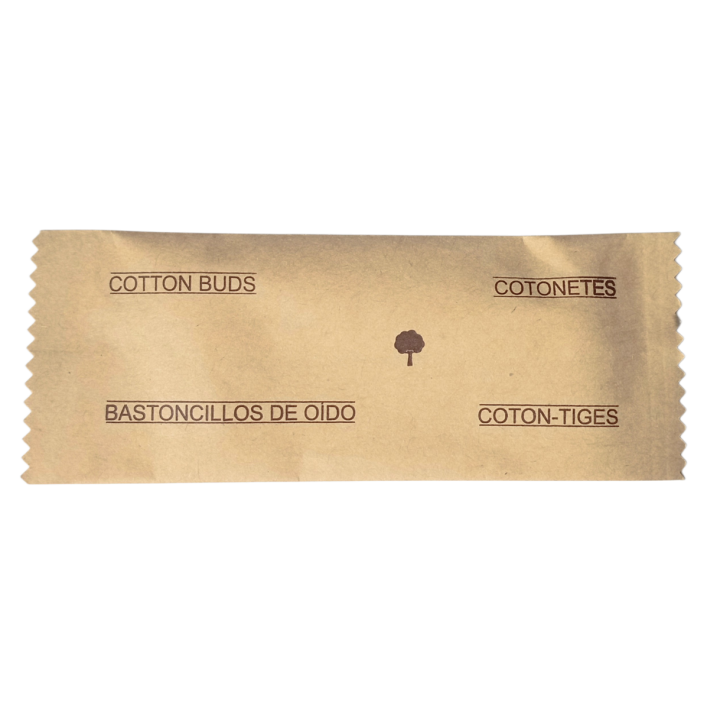 Biodegradable cotton swabs in flow-pack paper for sustainable amenities