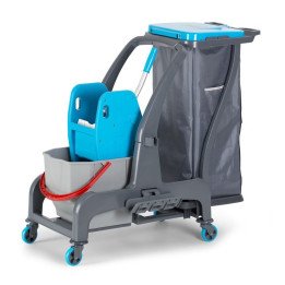 Cleaning trolley with bucket, press and bag