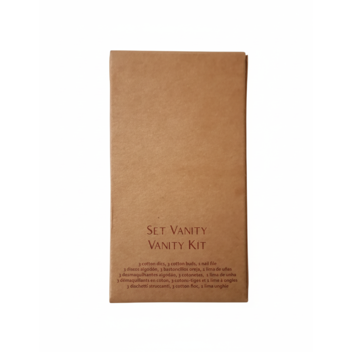 Vanity kit in astuccio kraft con dischetti, cotton fioc, lima unghie