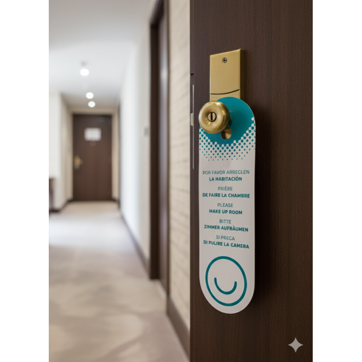 Appendi-porta con fustellatura flessibile per porte di hotel, realizzati in PVC