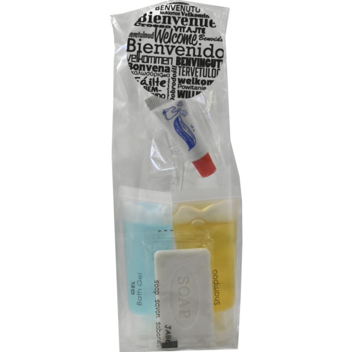 Kit Amenities Premium Hotel con tubos 20ml, jabón 10gr, set dental