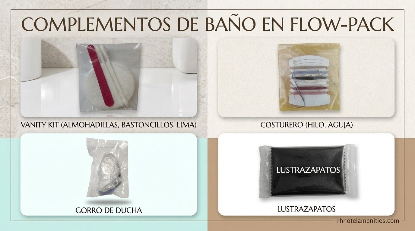 Amenities Hotel of shower cap, vanity kit, sewing kit in flow packs