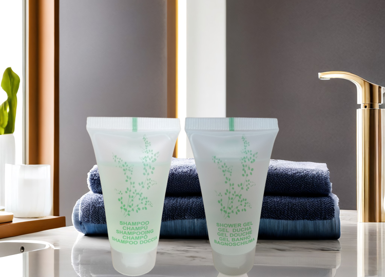 Amenities hotel in tubes for shampoo, shower gel and body milk