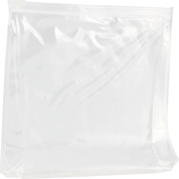 Vertical transparent toiletry bag with clip closure